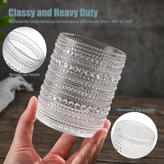 Set of 4 Hobnail Drinking Glasses,15.2 Oz Romantic Water Glasses, Clear Embossed Design Vintage Glassware, Cocktail Glasses, Beaded Drinking Glasses for Water, Beer, Juice(15oz+4") - Image 4