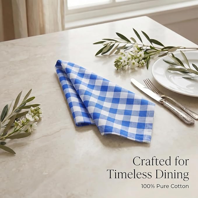 Urban Villa Cloth Napkins Cotton 20x20 (Set of 12) Blue Cheks - Image 8