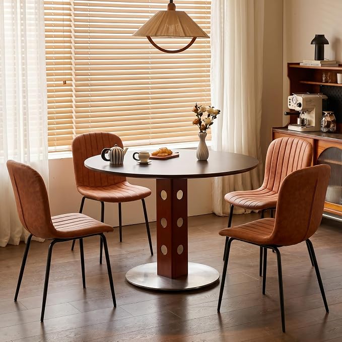 Dining Chair Set of 4, Upholstered PU Leather Seat with Black Metal Legs,Modern Comfortable Kitchen Chair, Curved Backrest Dining Chair for Dining Room Living Home(Mid-Century Brown) - Image 2