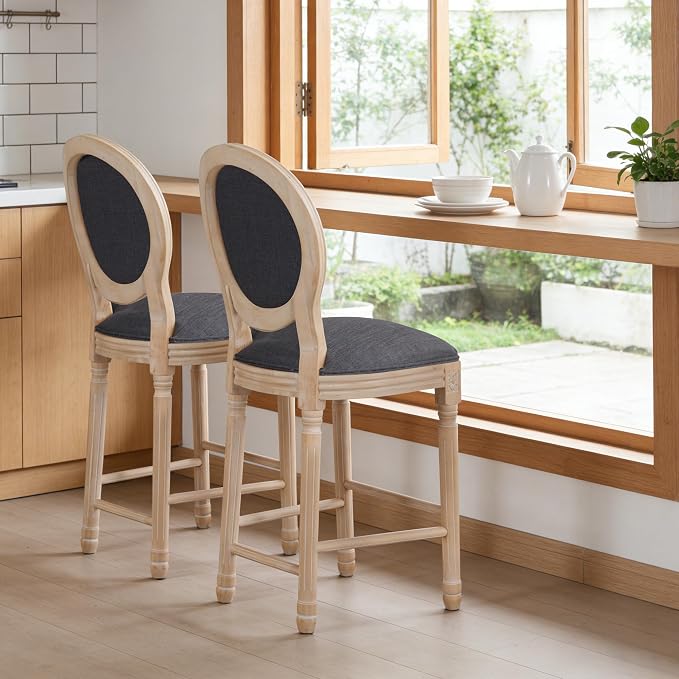 French Country Barstool, Linen Farmhouse Counter Height Chair | Set of 2, with Cushion Round Back and Solid Wood Legs, Oval Chairs for Restaurant, Bar, Kitchen, Café,Dark Grey - Image 2
