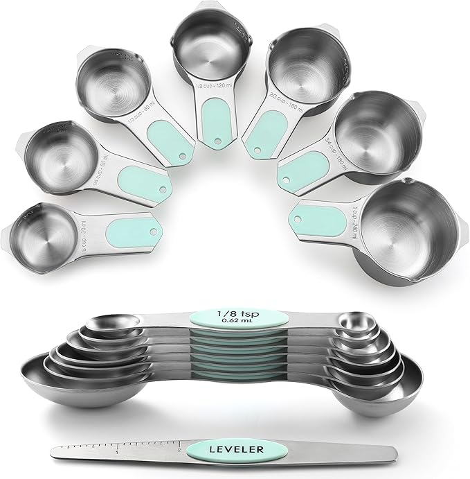 Spring Chef Magnetic Measuring Cups & Spoons Set of 15, Patented, Mint | Stackable Stainless Steel Measuring Cups & Heavy Duty Metal Measuring Spoons with Levelers for Dry & Liquid Ingredients by SpringChef