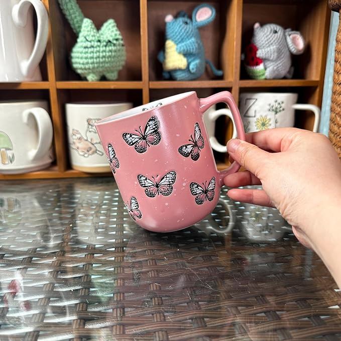 16oz Ceramic Coffee Mug for Office and Home, Hand Painted with Handles Tea Cup, Cute Vintage Butterfly Mug,Best Gifts for Women and Men,Dishwasher Microwave Safe (Light Pink) - Image 5