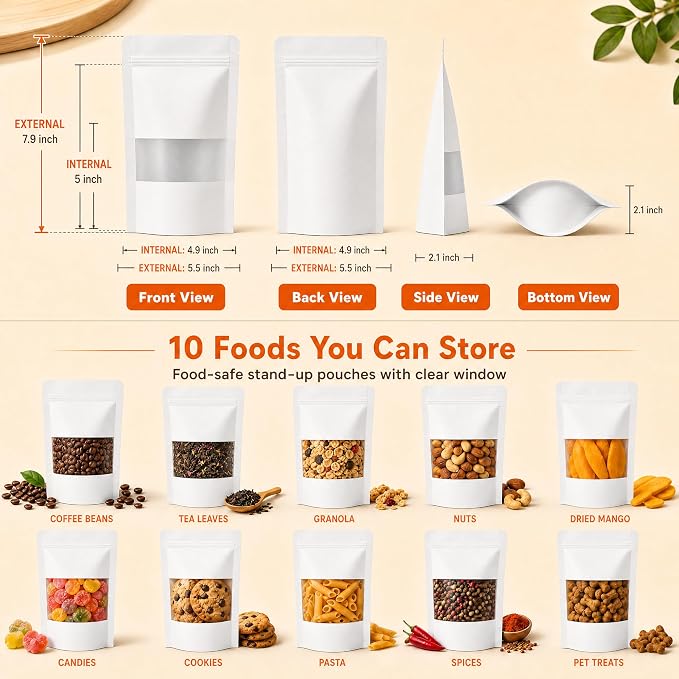 100 Pcs White Kraft Paper Bags with Window, 5.5" x 7.9" Stand Up Pouches Bags, Food Storage Bags for Packaging Products, Reusable, Sealable - Image 3