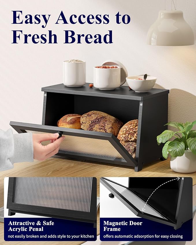Kitsure Wooden Bread Box for Kitchen Countertop, 1-Tier, Black | Large Capacity Kitchen Countertop Organizer, Stylish Bread Storage with Window, Multi-functional Container - Image 5