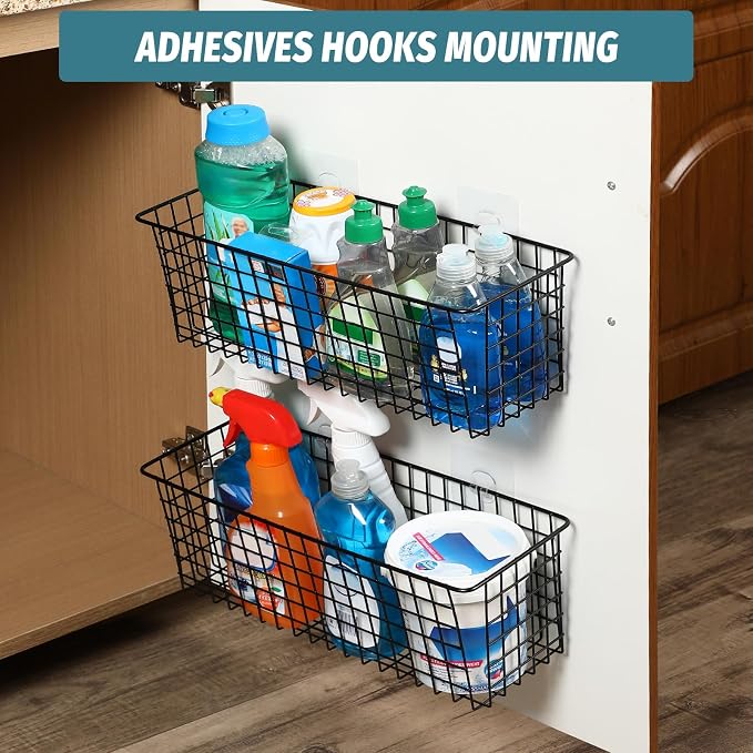 4 Set [EXTRA LARGE] Hanging Wall Mount Storage Baskets with Adhesive Hooks & Steel Hooks, Multiuse Sturdy Wire Metal Organizing Baskets for Home Kitchen Bathroom Pantry Utility Organizer, Black - Image 9