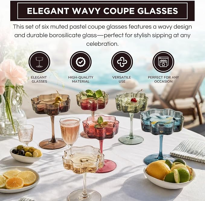 Flower Scalloped Vintage Wavy Petals Wave Glass Coupes 7oz Colorful Martini, Champagne & Cocktails, 6 Set Muted Pastel Shades Rippled Champagne Glasses, Elegant Bar Glassware, Aesthetic Cute Coupe - Image 4