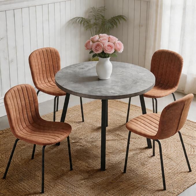 5-Pieces 37.4" Round Dining Table Set for 4,Mid Century Modern Small Coffee Table, Engineered Wood Table and Chairs Set of 4 for Kitchen, Dining Room, Office(1 Table+4 Brown PU Leather Chairs) - Image 2