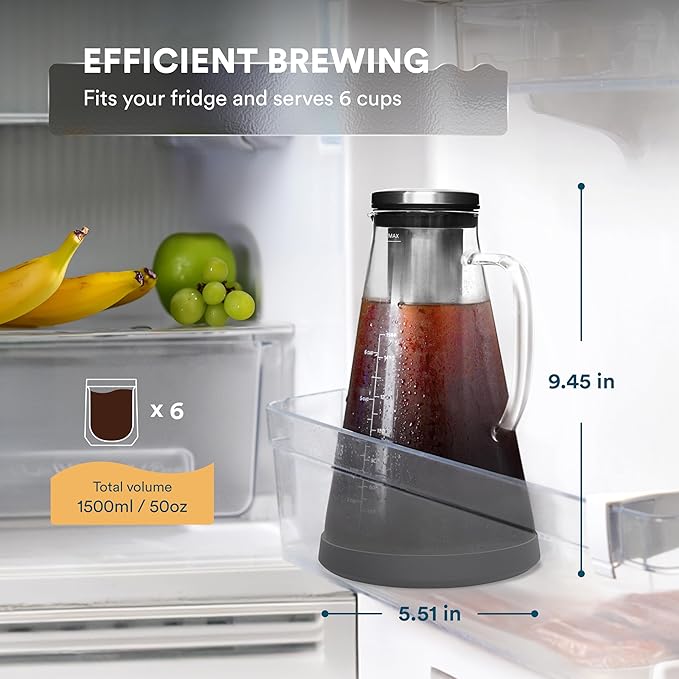 OVALWARE Airtight Cold Brew Iced Coffee Maker Pitcher (& Iced Tea Maker) with Spout – 1.5L/ 51oz Brewing Glass Carafe with Removable Stainless Steel Filter