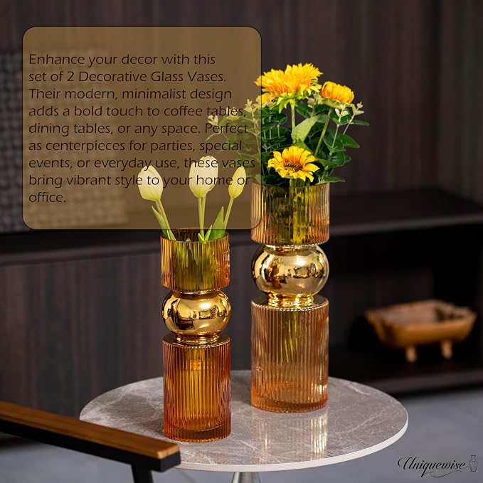 Set of 2 Decorative Orange Tall Glass Vase - Modern Minimalist Decor for Parties, and Special Events - Perfect Centerpiece for Coffee Tables, Living Rooms, Dining Tables, Offices, and Farmhouse Decor - Image 4