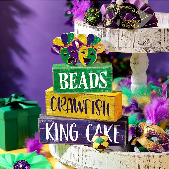 Moucuny 4 Pcs Mardi Gras Table Decorations Wooden Mask Decor Purple Golden Green Carnival Tiered Tray Decor Mardi Gras Centerpieces Decorative Masks Block Signs Gift for Masquerade Party Home Kitchen - Image 2