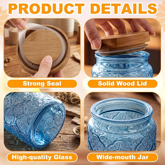 LemonRoad 2 Pcs Vintage Blue Glass Storage Jars 23.7 oz Mason Jar Canister with Wood Lids Food Storage Container for Cookie, Pantry, Candy Kitchen, Coffee, Tea, Flour, Sugar, Decorative Home Decor - Image 3