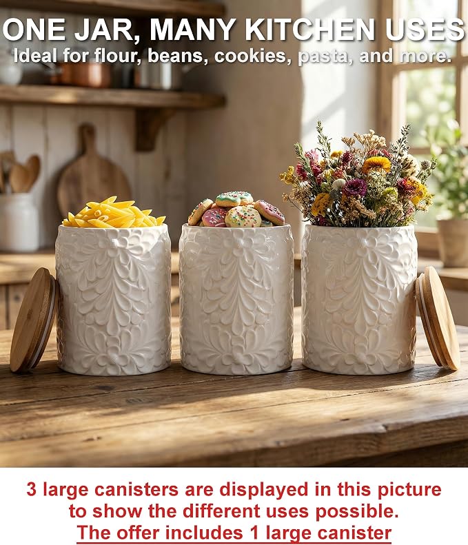 XXL 94 Oz Engraved Ceramic Kitchen Canister - Storage Jars with Airtight Lids Made from Bamboo with Nature-Inspired Engraving - Use as a Pasta Holder, Coffee Ground Holder, Rice Container, Candy Jar - Image 5