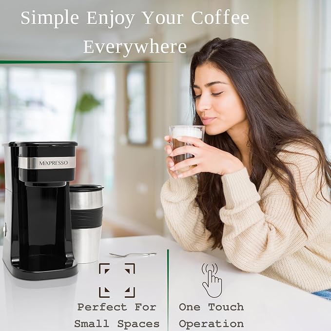 Mixpresso Single Serve & Single Cup Coffee Maker with 14oz Travel Mug Black | For ground coffee only, reusable filter, auto shut off. Compact personal drip coffee maker, not compatible with K-Cup pods. - Image 7
