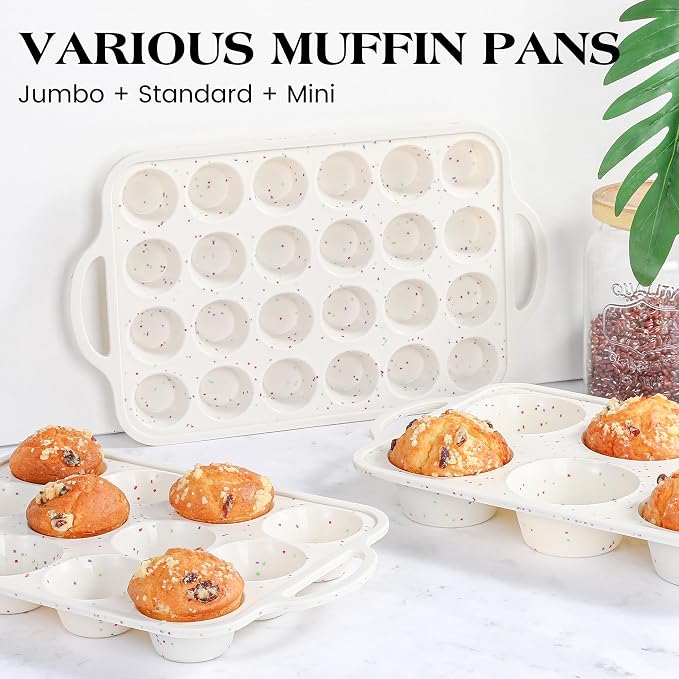 2 Pcs Jumbo Muffin Pan with Metal Frame Nonstick 6 Cup Extra Large Silicone Cupcake Pan for Baking, Deep Jumbo Muffin Tray for Egg Bites Muffins, Confetti Color Cream Gifts for Mom Home Baker - Image 9