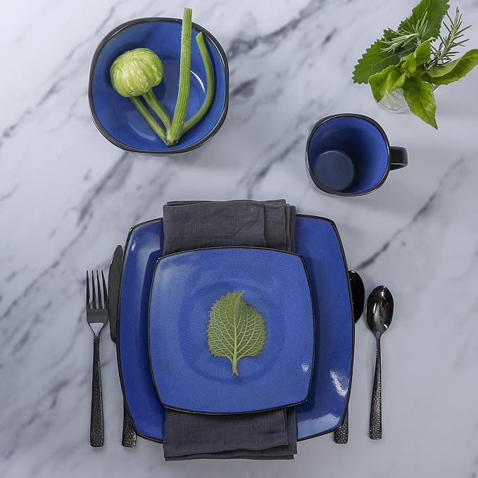 Gibson Elite Soho Lounge Square Reactive Glaze Stoneware Dinnerware Set, Service for 4 (16pc), Sapphire - Image 4
