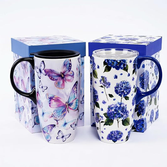 Topadorn Set of 2 Ceramic Travel Mugs with Lids, Coffee Mug | Butterfly & Hydrangea Mug Gift Set, 17oz Floral Coffee Cups, Microwave & Dishwasher Safe, Gift Box Included by Topadorn
