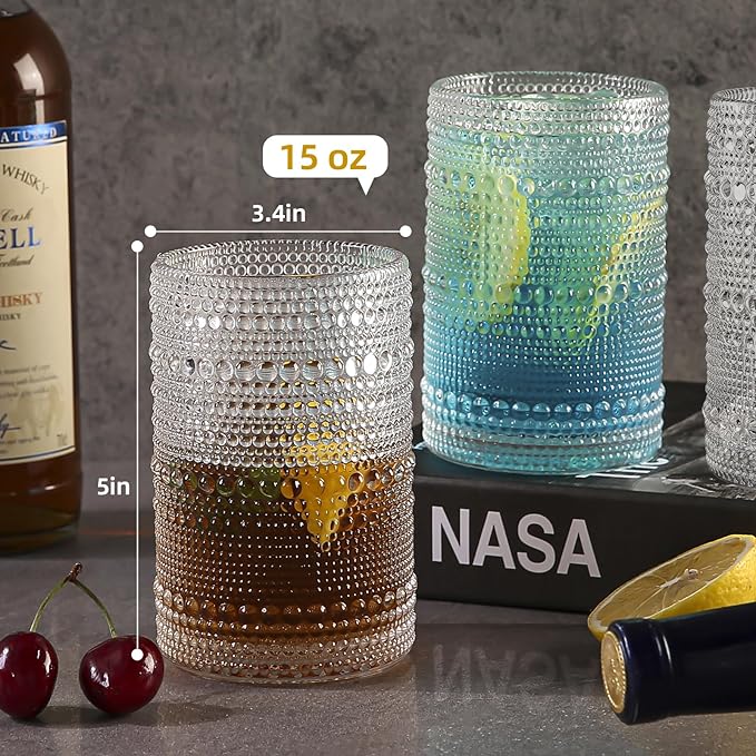 Amyoole Hobnail Drinking Glasses Set of 6,15oz Bar Tumbler Glassware | Clear, Vintage Glassware Embossed Water Tumbler, Cocktail Glass and Kitchen Glass Cups, For Beer, Whiskey, Juice, Milk - Image 2