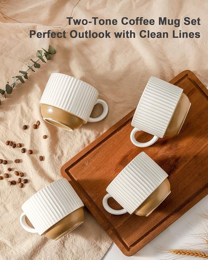 HASENSE 15 oz Ribbed Stackable Ceramic Coffee Mug Set of 4, White & Light Brown Cups with Metal Holder, Dishwasher & Microwave Safe for Cappuccino Tea Hot Cocoa, Wedding Housewarming Gifts - Image 3