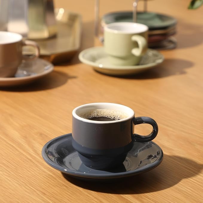 Gibson Home Brew Harmony 13 Piece Espresso Cup Set with Metal Rack, Stoneware Espresso Cups & Saucers, Solid Color Stackable Coffee Set, Café Style, Dishwasher & Microwave Safe - Image 4
