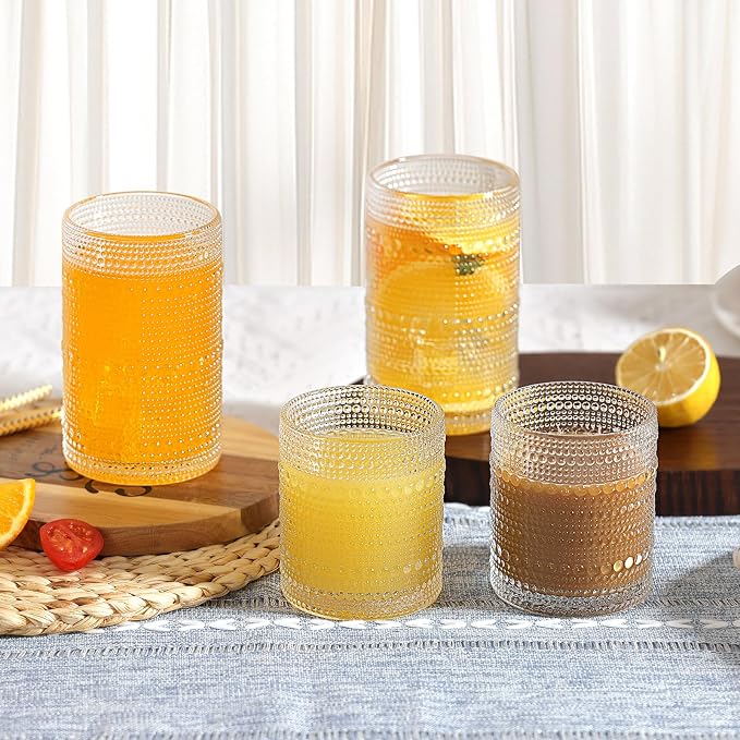 Moretoes Vintage Hobnail Drinking Glasses Set of 12 | 15 Oz Highball Glasses & 10 Oz Cocktail Glasses, Glass Cups Kitchen Bar Tumbler Glassware Set for Whiskey, Beer, Juice, Milk - Image 7