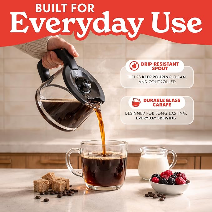 Gourmia 12 Cup One-Touch Coffee Maker – Pause and Serve with Automatic Keep Warm, Easy View Water Window, Compact Design, Stainless Steel Accents, Black - Image 5