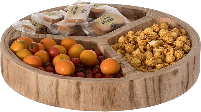 3 Sectional Wooden Snack Platter, Divided Serving Tray with Burned Black Finish, Lazy Susan Charcuterie Board for Dining Table, Kitchen, Nut or Snack Serving by Vintiquewise