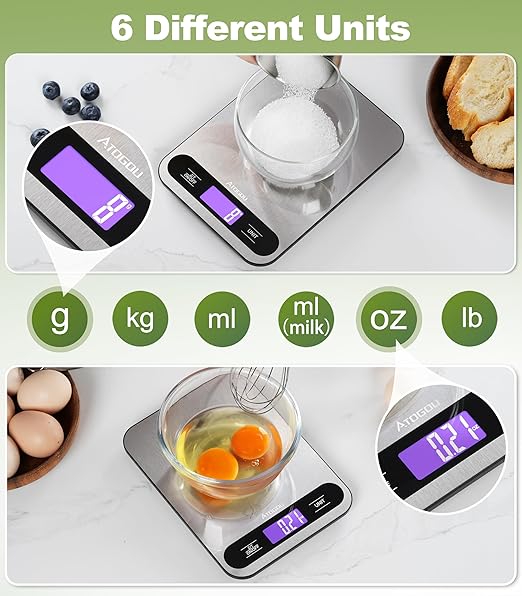 Atogou 33lb/ 15kg Food Scale, Digital Kitchen Scale with Full View LCD Display, Waterproof Stainless Steel Surface, for Cooking, Baking, Meal Prep Black