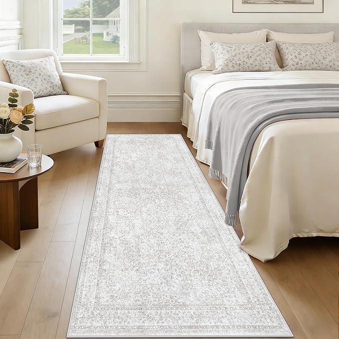 2x8 Hallway Runner Rug: Washable Vintage Floral Entryway Rugs Low Pile Non-Slip Boho Carpet for Kitchen, Bedroom, Bathroom, Dining Room (FloralGrey, 2'x8') - Image 4