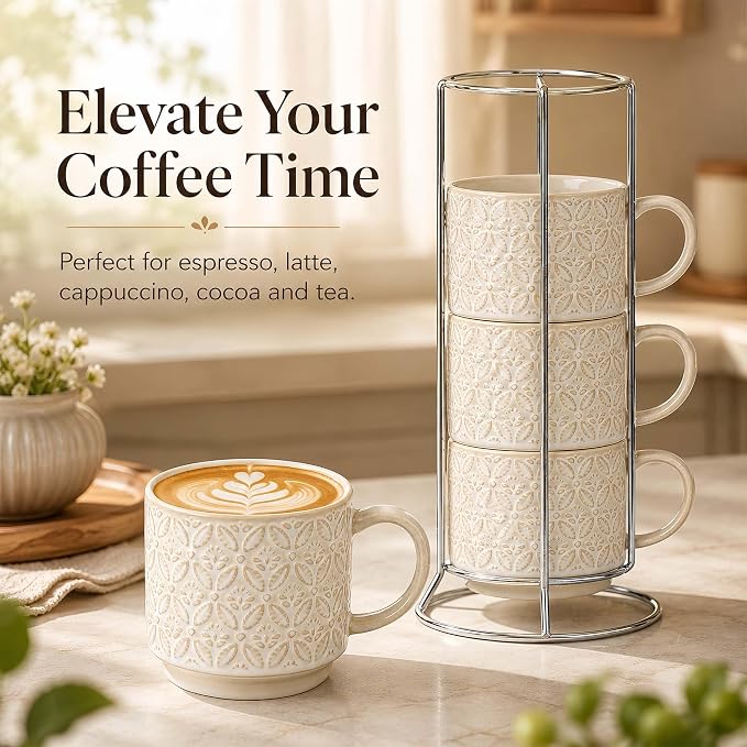 6 Oz Coffee Mugs with Stand, Stackable Ceramic Espresso Cups Set of 4, Embossed Coffee Cups Sets, Porcelain Cappuccino for Latte, Cocoa, Mocha, Tea, Dishwasher Safe, Vintage White - Image 2