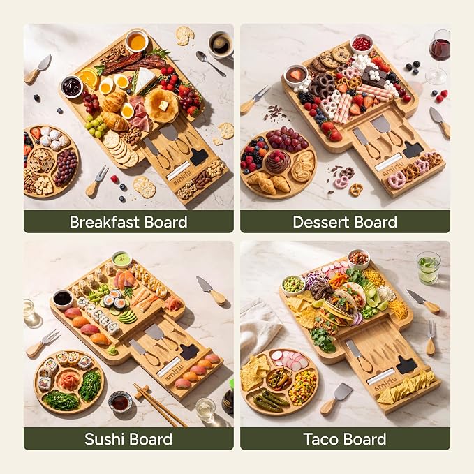 SMIRLY Charcuterie Board Set with Serving Accessories, Bamboo | Housewarming, Wedding, Bridal Shower and Birthday Gift for Women, Ideal for Movie Nights, Entertaining and Family Gatherings - Image 5