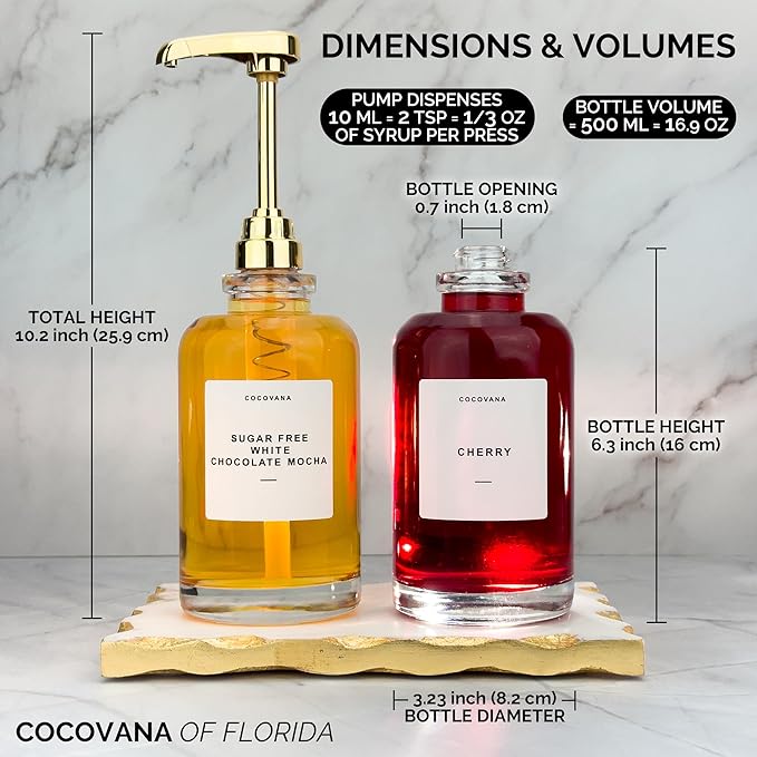 Cocovana Coffee Syrup Dispenser 500 ml, 102 Labels & Aligner, Large Coffee Syrup Pump for Coffee Bar, Coffee Sauce Dispenser, Glass Bottle Set of 2, Gold Kitchen Accessories Espresso Flavor Torani