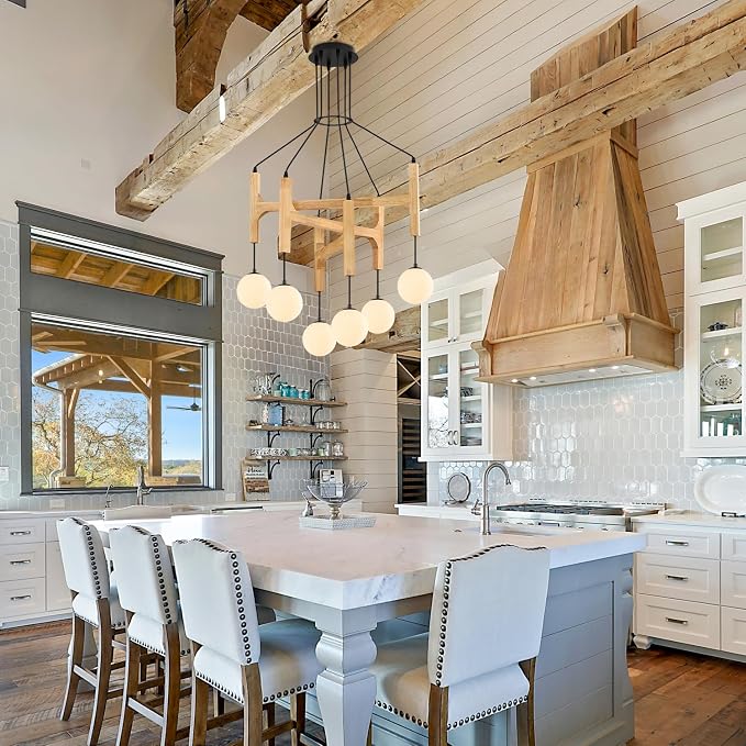 Wooden Chandeliers L28 '' Natural Farmhouse 6-Light Milk Glass Pendant Light Rustic Mid Century Long Hanging Lighting for Living Dining Room Entryway Foyer Bedroom Kitchen,G9 - Image 8