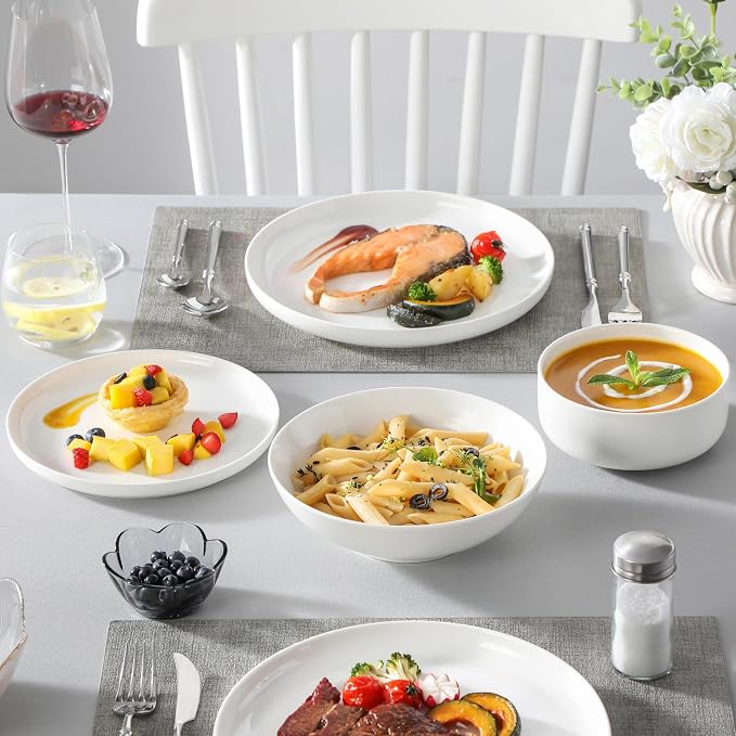 MALACASA 24 Pcs Porcelain Plates and Bowls Sets,Dinnerware Set for 6,White | Modern Ceramic Dishware,Kitchen Dining Ware,Microwave and Dishwasher Safe,Simple Solid White Design,Series LUNA - Image 8