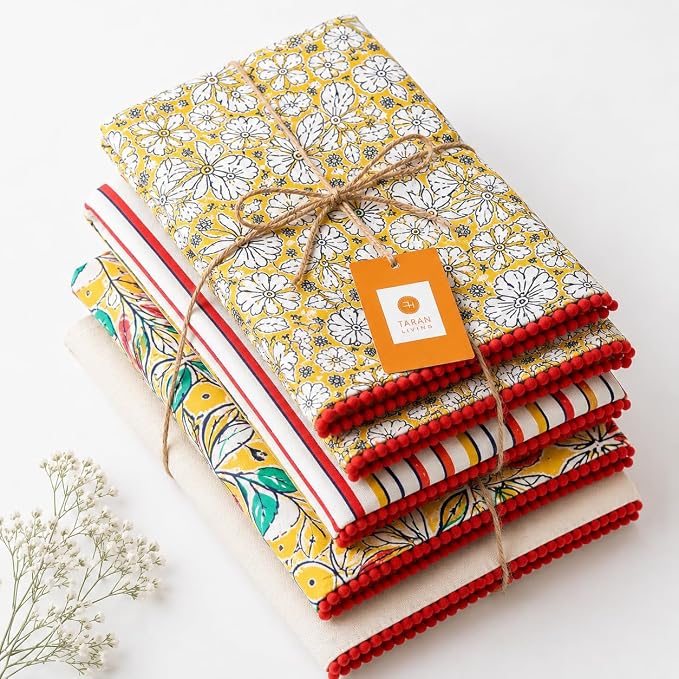 TARAN LIVING Printed Cotton Kitchen Towels – Set of 4 Soft & Absorbent Dish Towels with Hanging Loops (18x28 in) by TARANLIVING