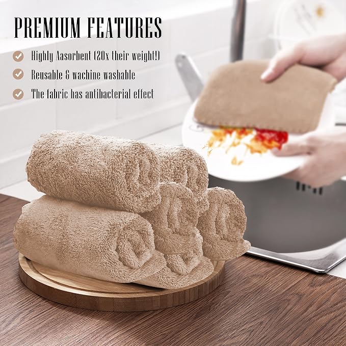 Sunny zzzZZ 24 Pack Kitchen Dishcloths - Does Not Shed Fluff - Reusable Dish Towels, Dish Cloths, Super Absorbent Coral Fleece Cleaning Cloths, Nonstick Oil Washable Fast Drying, 10 x 20 Inch (Brown) - Image 7