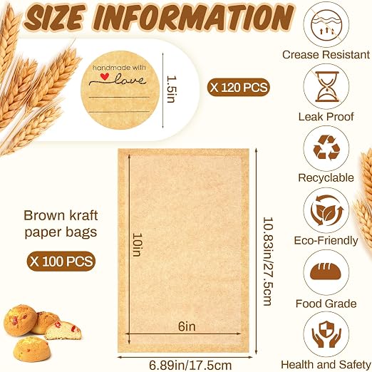 Outus 100 Pcs Cookie Packaging Bags with Seal, 6 x 10 Inch Bakery Pastry Bags with Window, Heat Sealable Grease Resistant Paper to Go Bake Sleeves for Gift Giving Donut Bread Sandwich (Brown) - Image 2