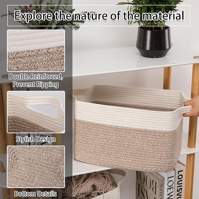 OIAHOMY 3 Pack Storage Baskets for Organizing, 13''X9.85''X8.7'' Storage Bins,Woven Basket with Handles, Toy Storage Bin,Stylish Room Decor Basket, white & Brown variegated - Image 4