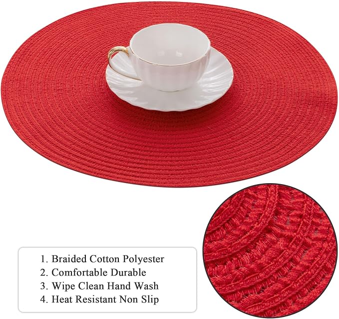 SHACOS 15 inch Round Placemats Set of 6 Braided Non Slip Washable Place Mats for Dining Tables Kitchen Table Mats Home Wedding Party Decor (Red, 6) - Image 4