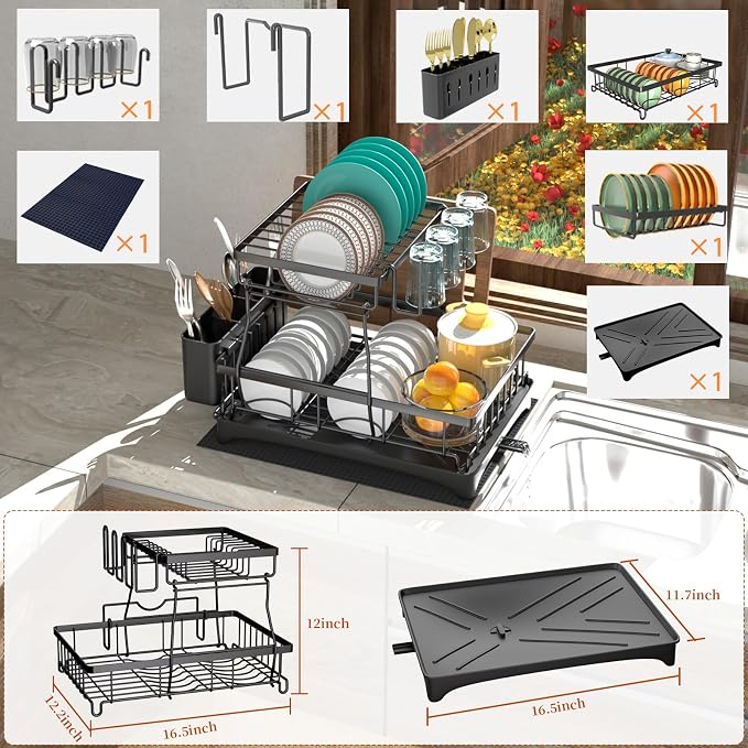 Godboat 2-Tier Dish Drying Rack - Dish Rack with Auto Drain-to-Sink & Mat | Dish Racks for Kitchen Counter, Dish Drainer with Knife Fork & Cup Rack, Gifts for Women, Mothers Day, Kitchen Gadgets, Black - Image 4