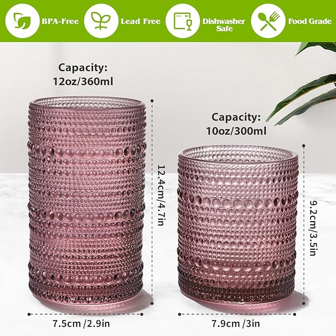 Moretoes Colored Hobnail Drinking Glasses Set of 12,Vintage Glass Cups | Mixed Glassware, 6pcs 12oz Highballs and 6pcs 10oz Old Fashioned Glasses, Great for Cocktail, Whisky and Other Beverages - Image 3