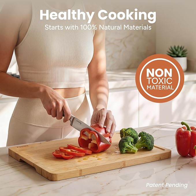 SMIRLY Cutting Boards for Kitchen, 3 Piece Bamboo Cutting Board with Stand | Non Toxic Wooden Cutting Board with Juice Grooves and Handles, Multiple Sizes Chopping Boards for Meat Vegetable Charcuterie - Image 4