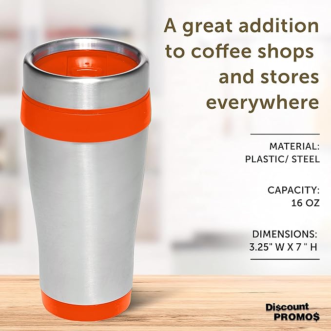 DISCOUNT PROMOS Insulated Stainless Steel Travel Mugs 16 oz. Set of 10, Bulk Pack - Perfect for Coffee, Soda, Other Hot & Cold Beverages - Orange
