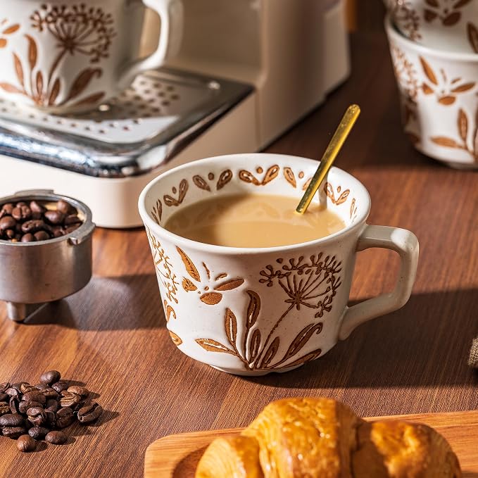 Ceramic Mugs 11 oz Unique Luxurious Cups Set of 4 with Premium Spoon, Mug for Coffee Milk Latte Cappuccino Tea, for Office Home Dishwasher Microwave Freezer Safe, Birthday Gift, Stoneware - Image 3