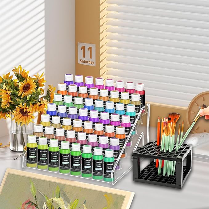 7-Layer Clear Craft Paint Organizer & Brush Holder, Snap-On Design Miniature Multi-Layer Storage Rack for Model Paints, Alcohol Inks, Nail Polish & Craft Supplies Holder, Easy Assembly