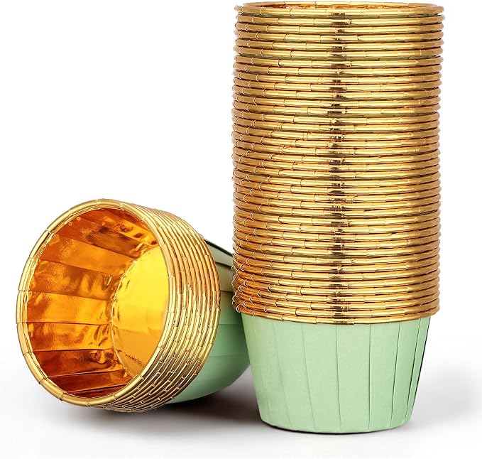 EUSOAR Cupcake Cups, 50pcs 3.5oz Muffin Cupcake Liners Disposable Ramekins, Aluminum Foil Wrappers Paper Dessert Containers Mini Cheesecakes Holders for Birthday Wedding Party-Light Green/Gold by EUSOAR