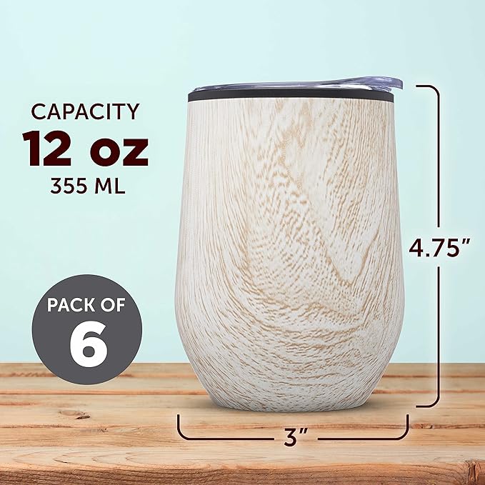 Custom Palmera Stemless Wine Tumblers with Lids 12 oz. Set of 6, Personalized Bulk Pack - Perfect for Wine, Cocktails, Other Hot & Cold Beverages - Ashwood