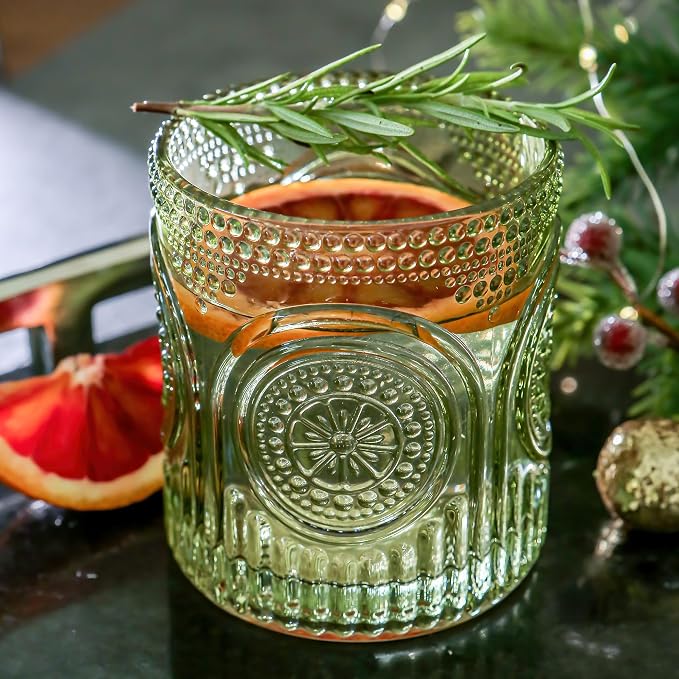 Kate Aspen Retro Arch Floral Green Drinking Glasses Set of 6-10 oz Vintage Beaded Glassware, Textured Water & Cocktail Cups, Holiday Drinkware, Christmas Gift Glass Set, Hostess or Holiday Gift by KateAspen