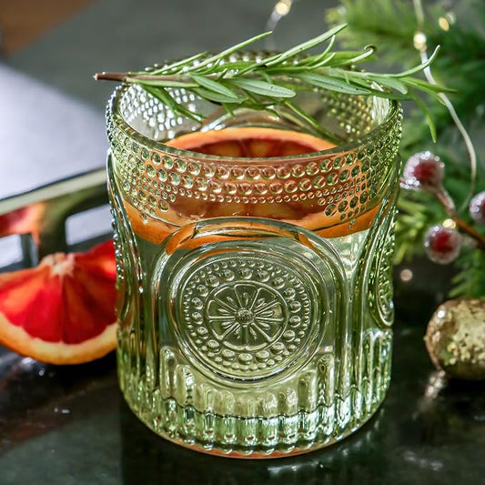 Kate Aspen Retro Arch Floral Green Drinking Glasses Set of 6-10 oz Vintage Beaded Glassware, Textured Water & Cocktail Cups, Holiday Drinkware, Christmas Gift Glass Set, Hostess or Holiday Gift by KateAspen