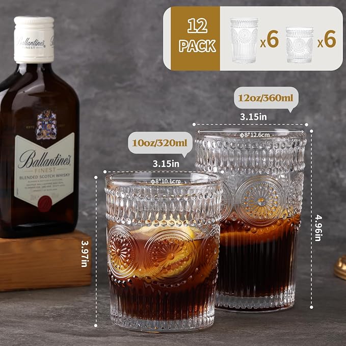Moretoes Vintage Drinking Glasses Set of 12,Textured Striped Glass Cups | Clear 6 Highball Glasses 12oz & 6 Rocks Glasses 10oz, Mixed Glassware Set, Mojito Cups, Cocktail Glass, Iced Coffee Cup - Image 3