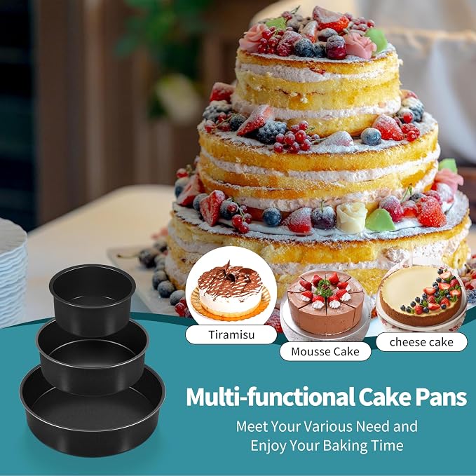 P&P CHEF 4/6 / 8 Inch Cake Pan Set of 3, Non-Stick Round Cake Pans | Round Cake Tins for Tier Smash Cakes, Baking Pans Set & Essential Bakeware, Stainless Steel Core & Leak-Proof - Image 7